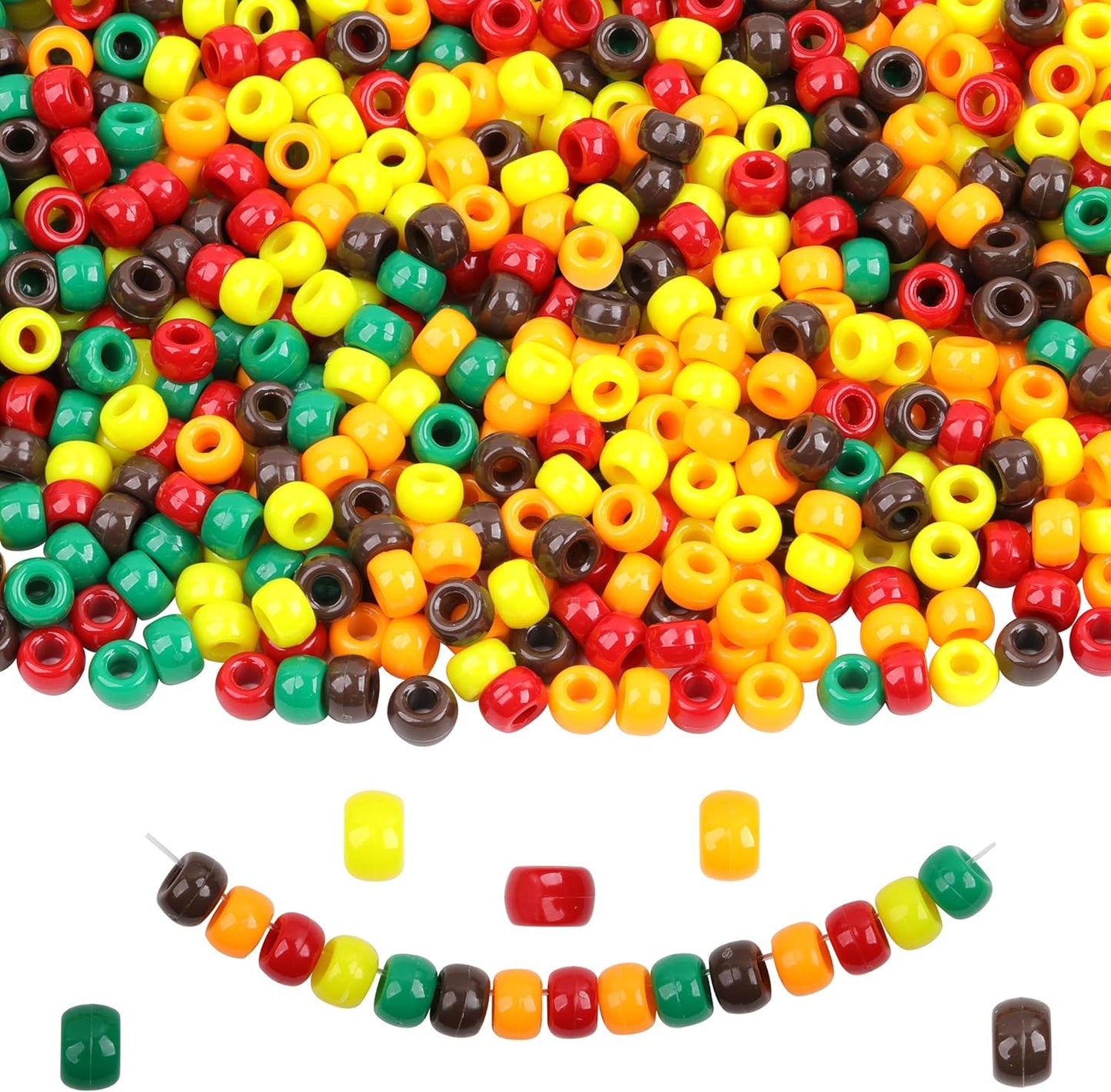 Fall Pony Beads for Friendship Bracelets 1000 Pcs 6x9mm Autumn Thanksgiving Plastic Beads for Party Decoration Supplies or Jewelry Making (Yellow Orange red Brown Dark-Green)