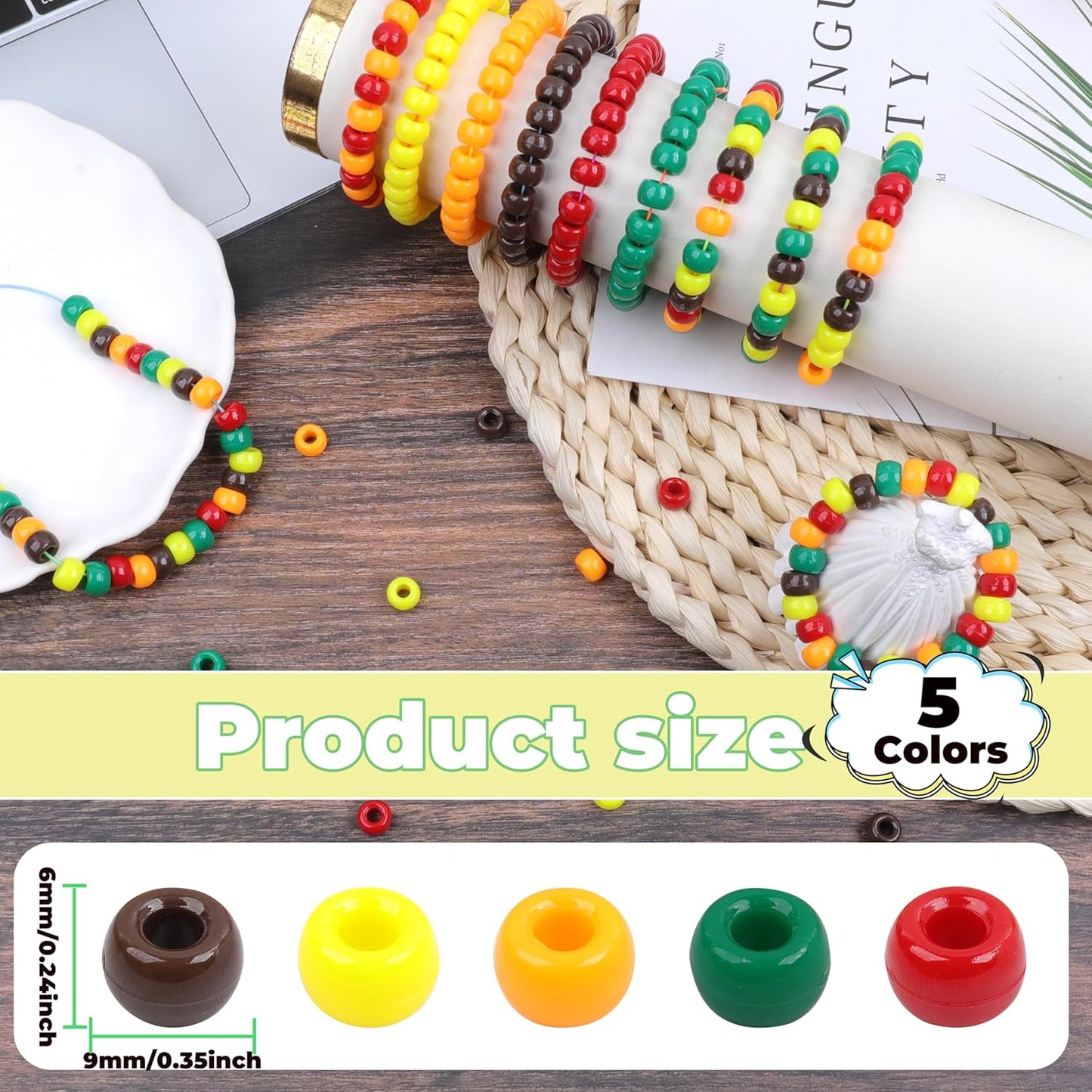 Fall Pony Beads for Friendship Bracelets 1000 Pcs 6x9mm Autumn Thanksgiving Plastic Beads for Party Decoration Supplies or Jewelry Making (Yellow Orange red Brown Dark-Green)