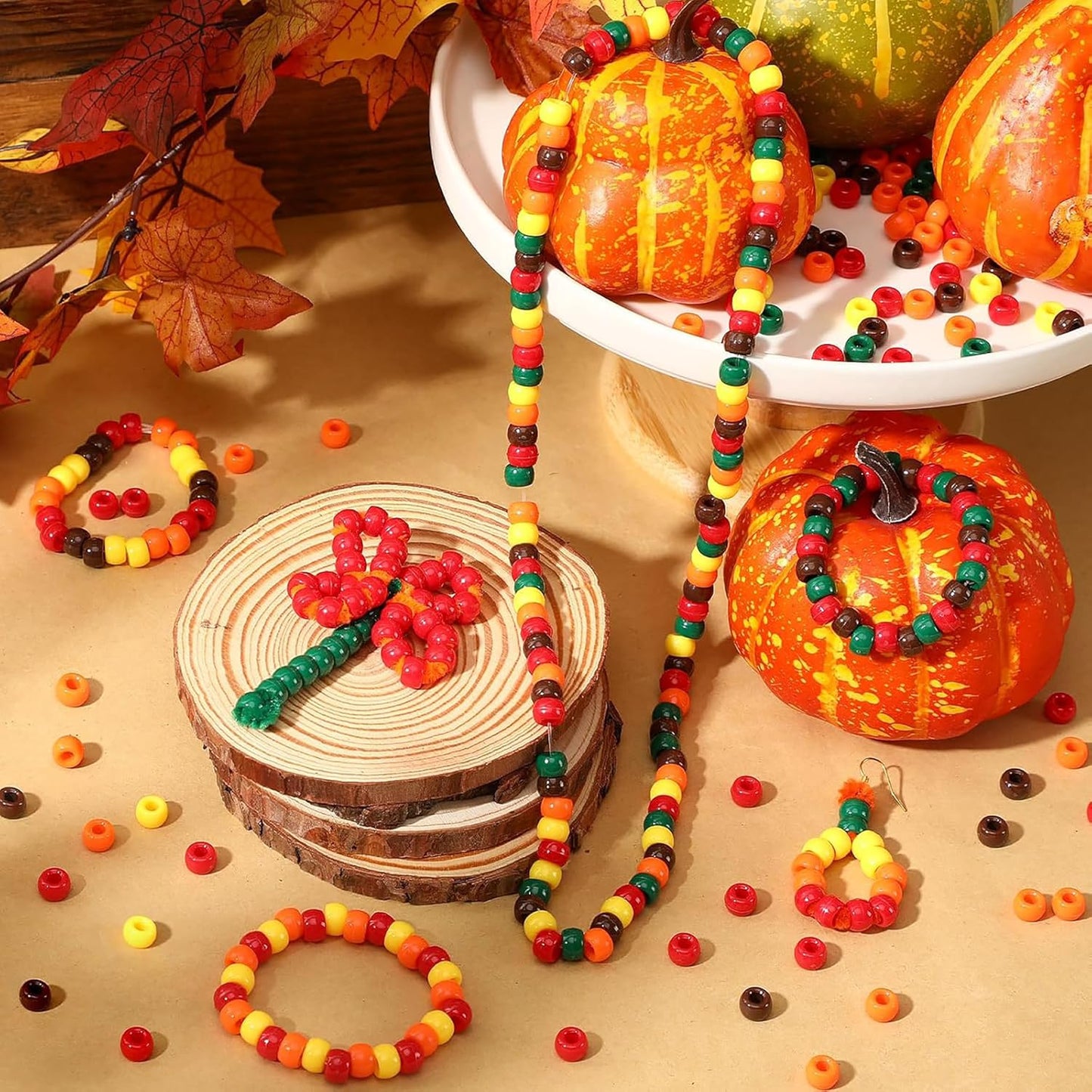 Fall Pony Beads for Friendship Bracelets 1000 Pcs 6x9mm Autumn Thanksgiving Plastic Beads for Party Decoration Supplies or Jewelry Making (Yellow Orange red Brown Dark-Green)