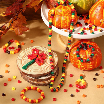 Fall Pony Beads for Friendship Bracelets 1000 Pcs 6x9mm Autumn Thanksgiving Plastic Beads for Party Decoration Supplies or Jewelry Making (Yellow Orange red Brown Dark-Green)