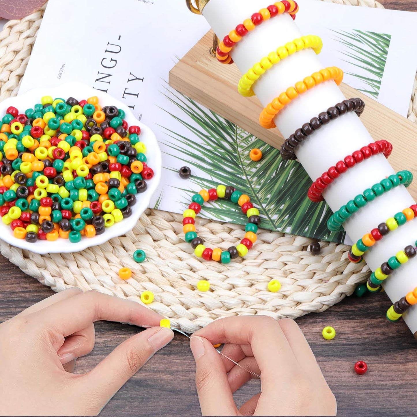Fall Pony Beads for Friendship Bracelets 1000 Pcs 6x9mm Autumn Thanksgiving Plastic Beads for Party Decoration Supplies or Jewelry Making (Yellow Orange red Brown Dark-Green)