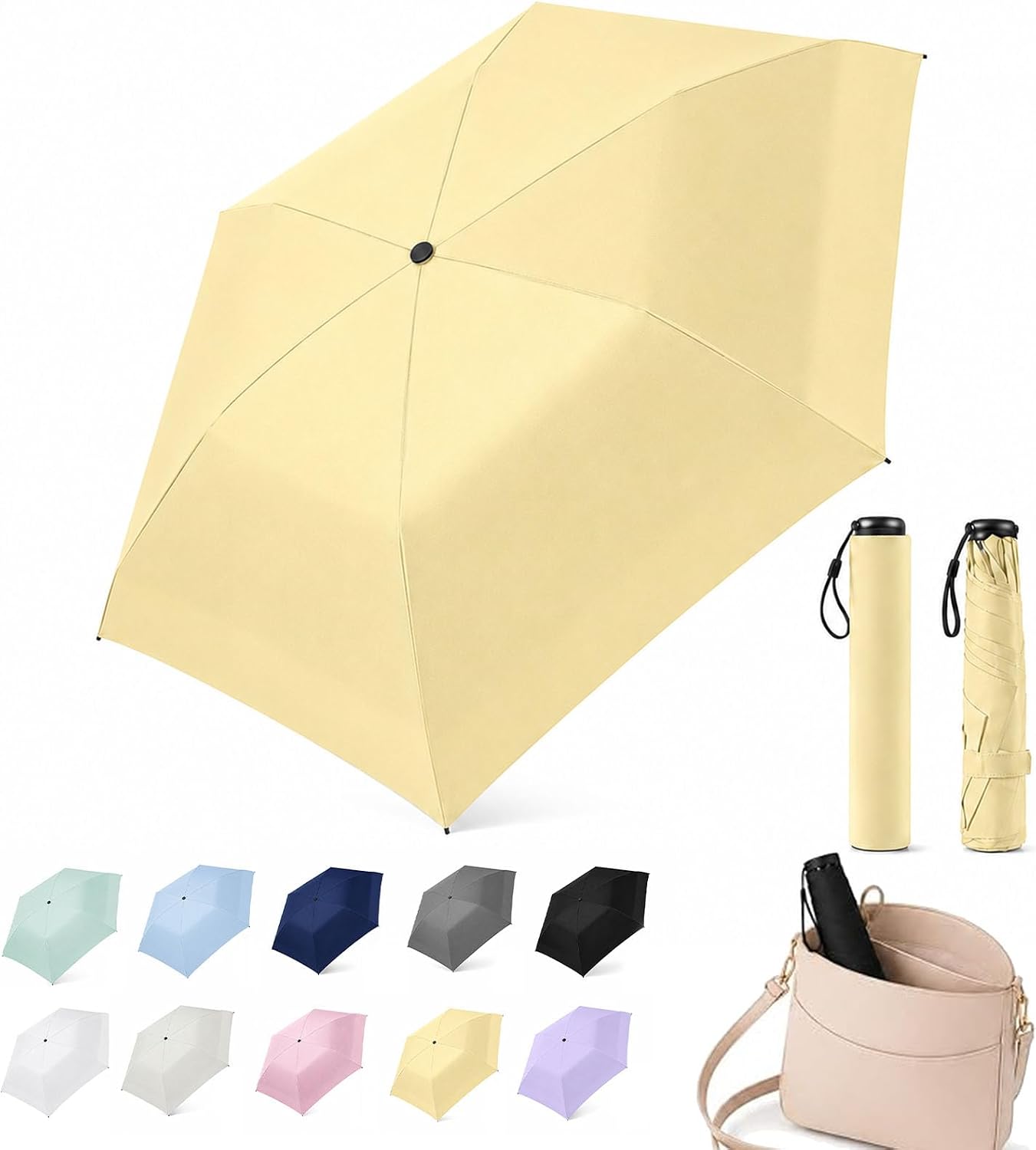 Mini Umbrella for Travel, Japan Pencil Umbrella Ultra Light Compact Folding Pocket Parasol, UPF 50+ Sun Protection Rain Shade, Portable for Purse Backpack Beach Commute Outdoor Use