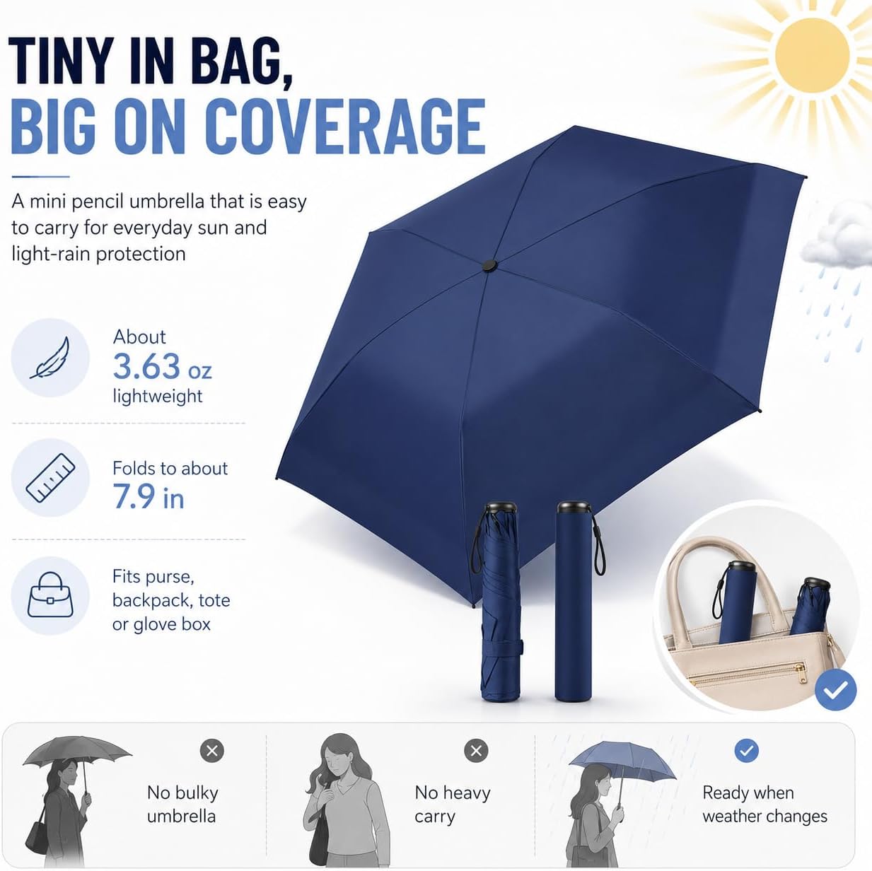 Mini Umbrella for Travel, Japan Pencil Umbrella Ultra Light Compact Folding Pocket Parasol, UPF 50+ Sun Protection Rain Shade, Portable for Purse Backpack Beach Commute Outdoor Use