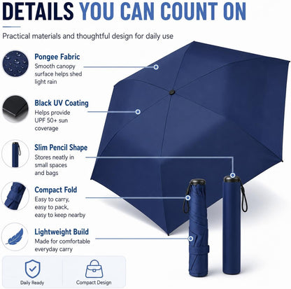 Mini Umbrella for Travel, Japan Pencil Umbrella Ultra Light Compact Folding Pocket Parasol, UPF 50+ Sun Protection Rain Shade, Portable for Purse Backpack Beach Commute Outdoor Use