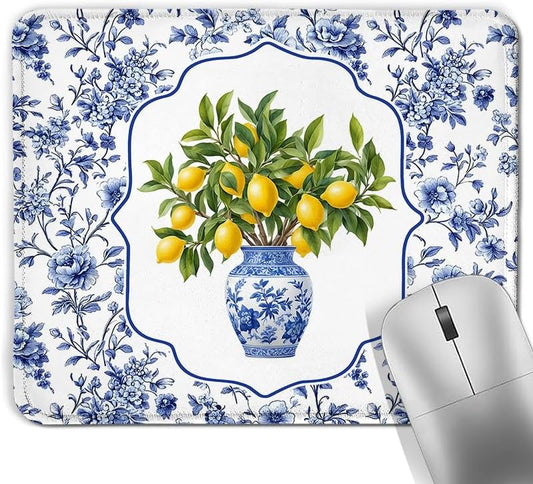 Blue and White Chinoiserie Lemon Square Mouse Pad, Grandmillennial Floral Porcelain Lemon Mousepad Mat for Home Office Computer Gaming Desk Accessories 9.5x7.9 in