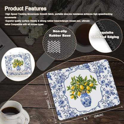 Blue and White Chinoiserie Lemon Square Mouse Pad, Grandmillennial Floral Porcelain Lemon Mousepad Mat for Home Office Computer Gaming Desk Accessories 9.5x7.9 in