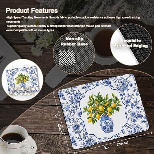 Blue and White Chinoiserie Lemon Square Mouse Pad, Grandmillennial Floral Porcelain Lemon Mousepad Mat for Home Office Computer Gaming Desk Accessories 9.5x7.9 in