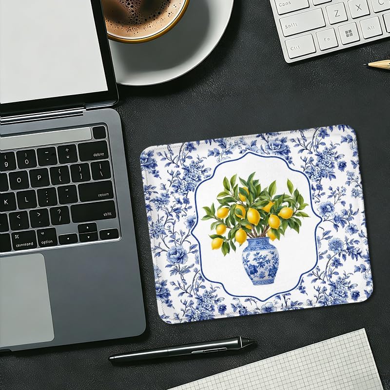 Blue and White Chinoiserie Lemon Square Mouse Pad, Grandmillennial Floral Porcelain Lemon Mousepad Mat for Home Office Computer Gaming Desk Accessories 9.5x7.9 in