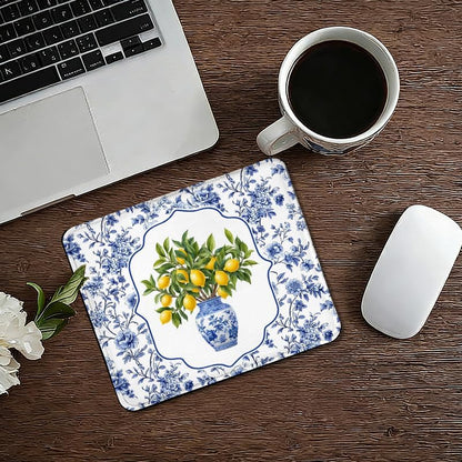 Blue and White Chinoiserie Lemon Square Mouse Pad, Grandmillennial Floral Porcelain Lemon Mousepad Mat for Home Office Computer Gaming Desk Accessories 9.5x7.9 in