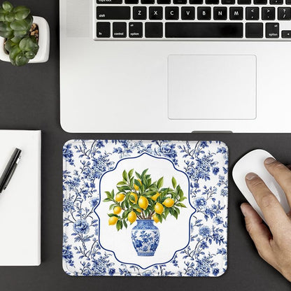 Blue and White Chinoiserie Lemon Square Mouse Pad, Grandmillennial Floral Porcelain Lemon Mousepad Mat for Home Office Computer Gaming Desk Accessories 9.5x7.9 in