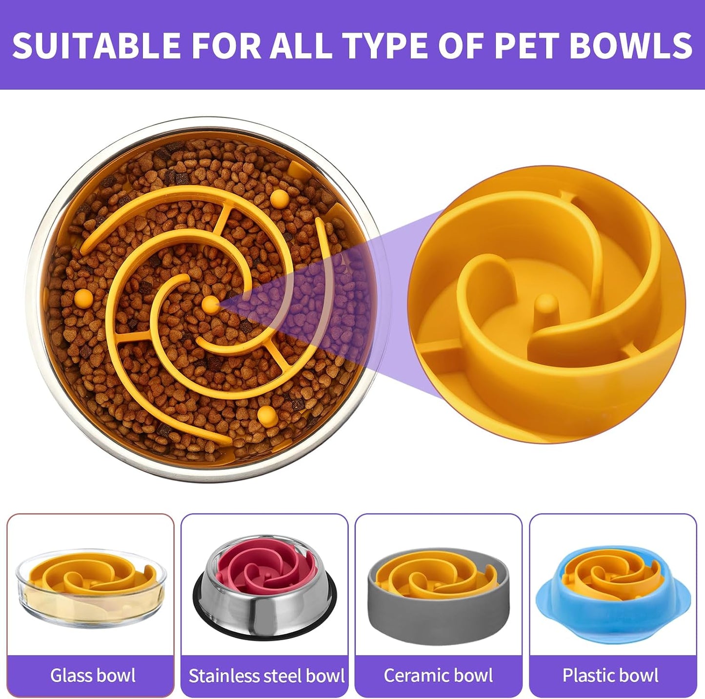 Slow Feeder Dog Bowls Insert, Soft Silicone Slow Eating Dog Food Bowl for Small, Medium and Large Dogs, Compatible with Regular and Elevated Bowls