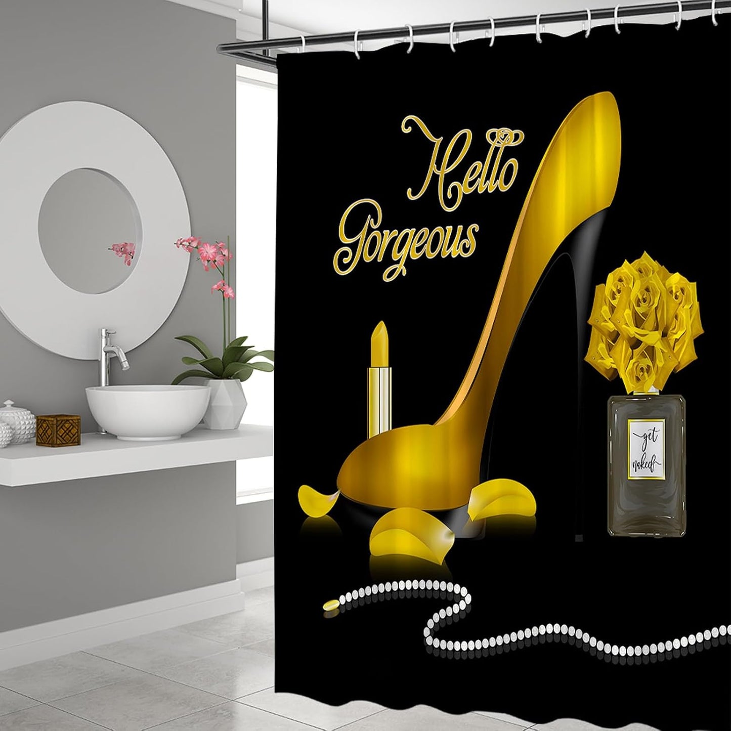 Fashion Girl Shower Curtain Hello Gorgeous Makeup Yellow High Heel Perfume Lipstick Romantic Love Modern Woman Fabric Bathroom Bathtub Accessories Set with Hooks 70Wx70H Inch