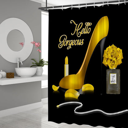 Fashion Girl Shower Curtain Hello Gorgeous Makeup Yellow High Heel Perfume Lipstick Romantic Love Modern Woman Fabric Bathroom Bathtub Accessories Set with Hooks 70Wx70H Inch