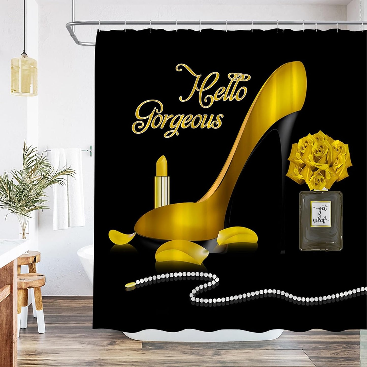 Fashion Girl Shower Curtain Hello Gorgeous Makeup Yellow High Heel Perfume Lipstick Romantic Love Modern Woman Fabric Bathroom Bathtub Accessories Set with Hooks 70Wx70H Inch