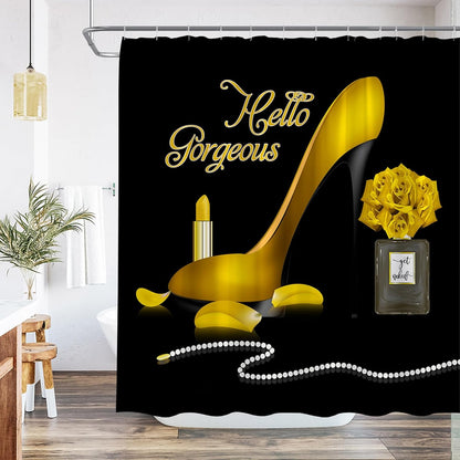 Fashion Girl Shower Curtain Hello Gorgeous Makeup Yellow High Heel Perfume Lipstick Romantic Love Modern Woman Fabric Bathroom Bathtub Accessories Set with Hooks 70Wx70H Inch