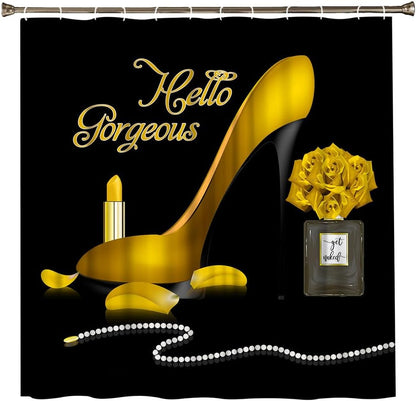 Fashion Girl Shower Curtain Hello Gorgeous Makeup Yellow High Heel Perfume Lipstick Romantic Love Modern Woman Fabric Bathroom Bathtub Accessories Set with Hooks 70Wx70H Inch