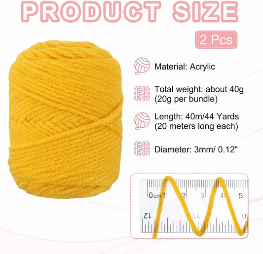 2 Pcs Crocheting Yarn, 3mm Yellow 100% Acrylic Yarn 40G/1.4oz Sport Weight Yarns Bulk Soft and Fluffy Yarns for Knitting DIY Crochet Crafts Blankets Gift,44 Yards Total