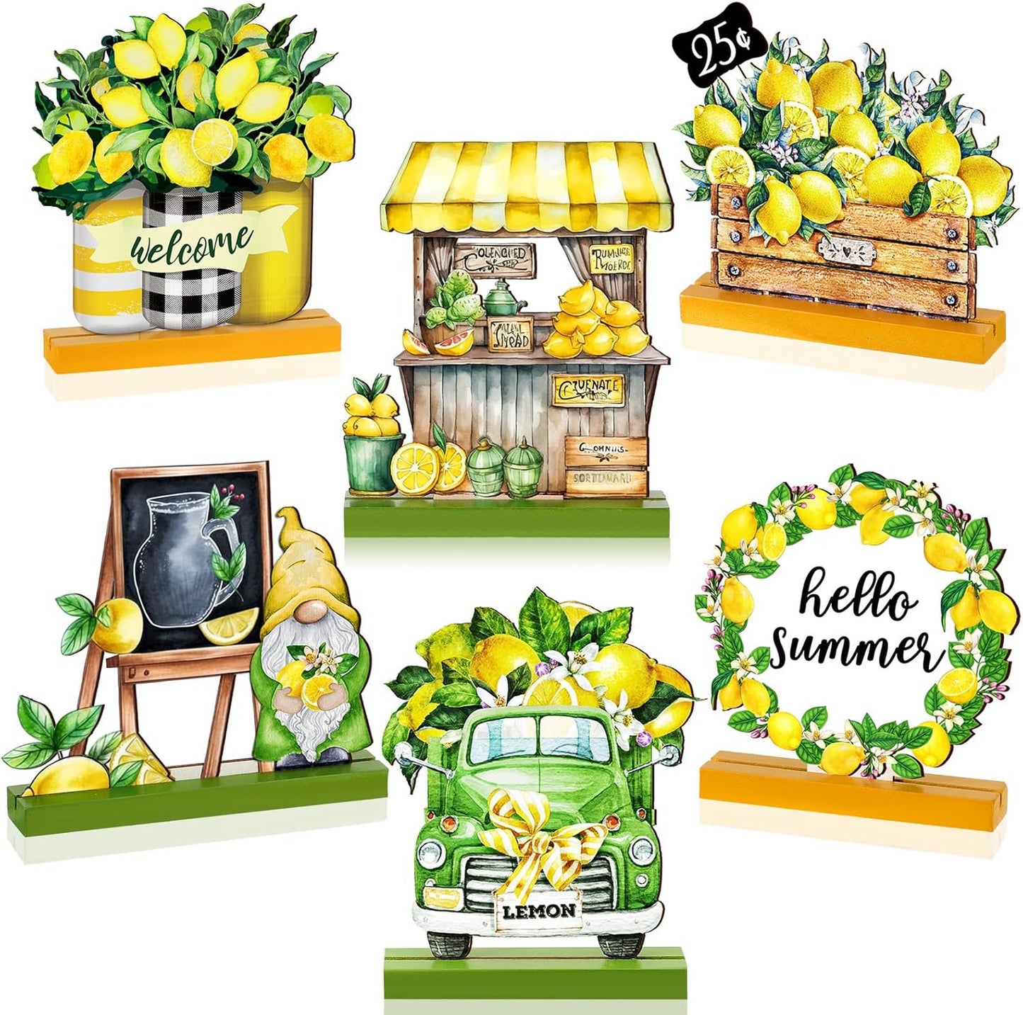 6 Pcs Summer Lemon Table Decor Lemon Signs Wooden Tabletop Centerpiece Decorations Rustic Summer Tiered Tray Decor for Home Party Office Kitchen Shelf Display