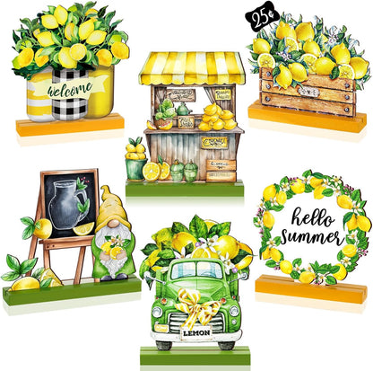 6 Pcs Summer Lemon Table Decor Lemon Signs Wooden Tabletop Centerpiece Decorations Rustic Summer Tiered Tray Decor for Home Party Office Kitchen Shelf Display