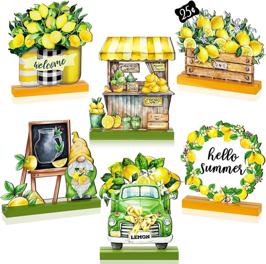 6 Pcs Summer Lemon Table Decor Lemon Signs Wooden Tabletop Centerpiece Decorations Rustic Summer Tiered Tray Decor for Home Party Office Kitchen Shelf Display