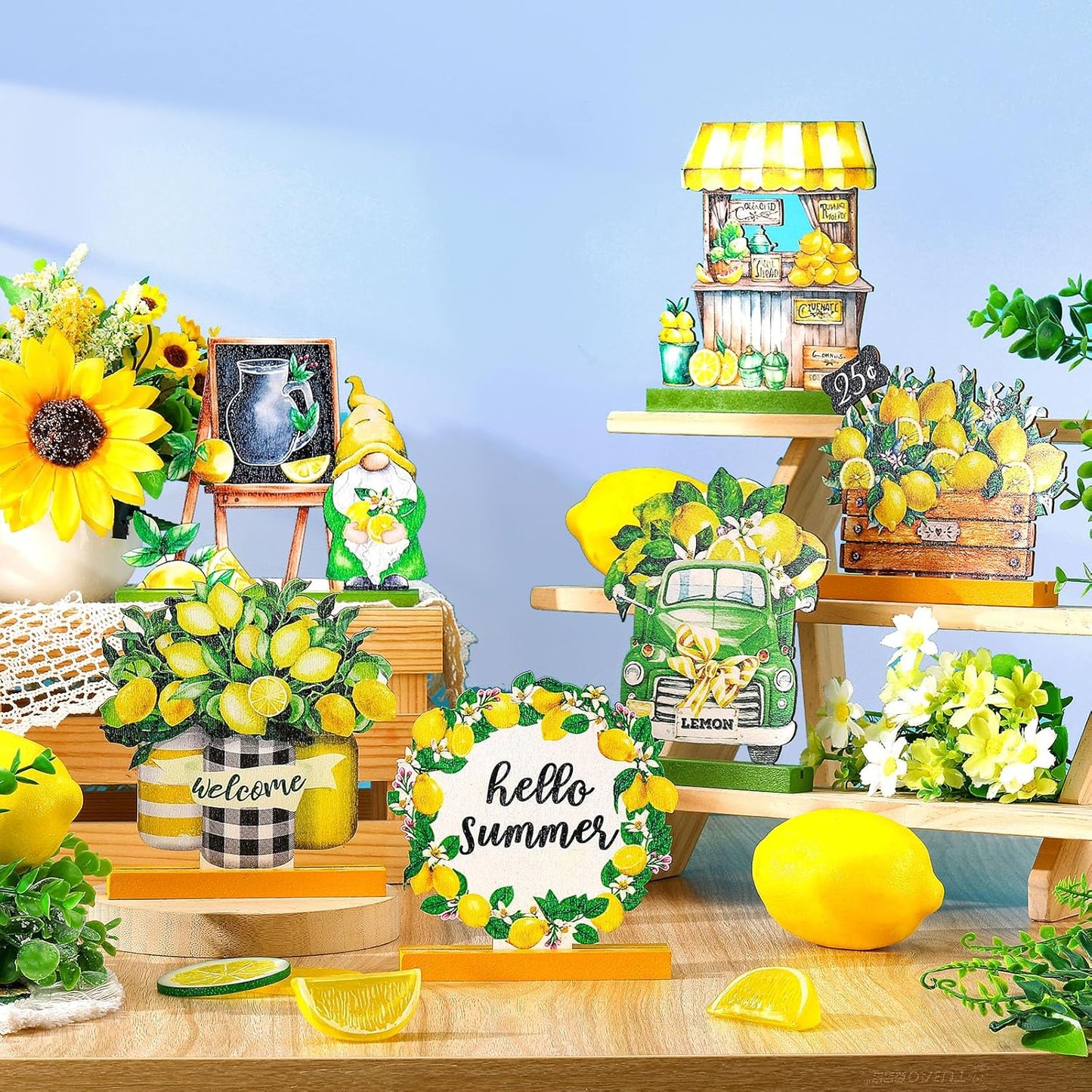 6 Pcs Summer Lemon Table Decor Lemon Signs Wooden Tabletop Centerpiece Decorations Rustic Summer Tiered Tray Decor for Home Party Office Kitchen Shelf Display