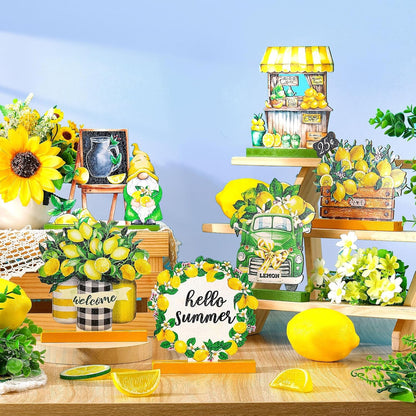 6 Pcs Summer Lemon Table Decor Lemon Signs Wooden Tabletop Centerpiece Decorations Rustic Summer Tiered Tray Decor for Home Party Office Kitchen Shelf Display