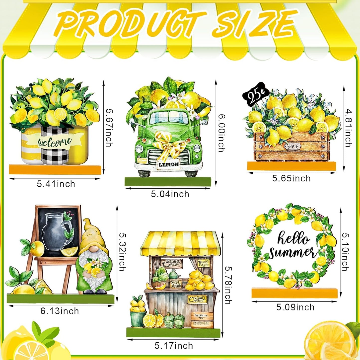 6 Pcs Summer Lemon Table Decor Lemon Signs Wooden Tabletop Centerpiece Decorations Rustic Summer Tiered Tray Decor for Home Party Office Kitchen Shelf Display