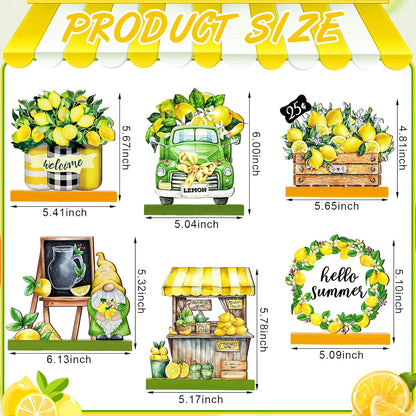 6 Pcs Summer Lemon Table Decor Lemon Signs Wooden Tabletop Centerpiece Decorations Rustic Summer Tiered Tray Decor for Home Party Office Kitchen Shelf Display