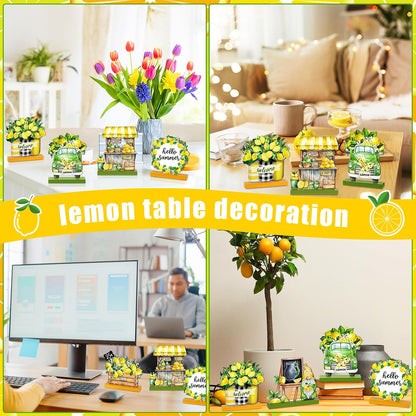 6 Pcs Summer Lemon Table Decor Lemon Signs Wooden Tabletop Centerpiece Decorations Rustic Summer Tiered Tray Decor for Home Party Office Kitchen Shelf Display