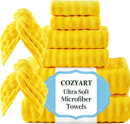 Lint Free 8Pcs Bathroom Towels Set Ultra Soft Microfiber Yellow | Ultra fluffy, Thick, Highly absorbent, Fast dry, No shedding, No pilling, Fade resistant, Durable & long-lasting