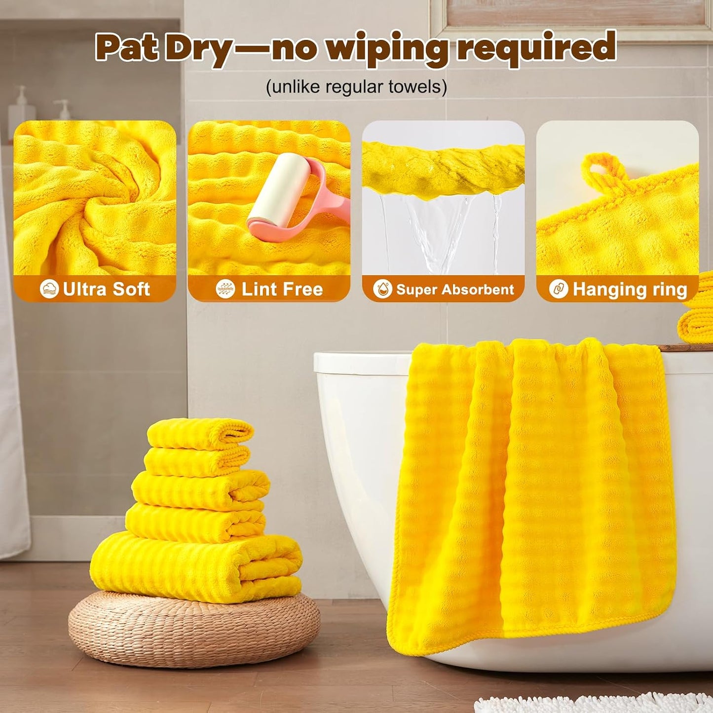 Lint Free 8Pcs Bathroom Towels Set Ultra Soft Microfiber Yellow | Ultra fluffy, Thick, Highly absorbent, Fast dry, No shedding, No pilling, Fade resistant, Durable & long-lasting