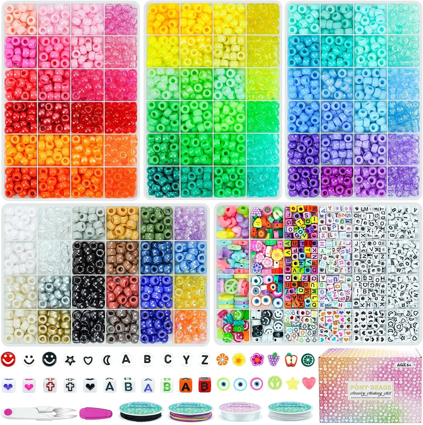 5 Boxes Bracelet Making Kit Pony Beads, 96 Colors 3500Pcs Kandi Beads for Bracelets with 800Pcs Letter Bead Friendship Bracelet Rave Accessories Craft Kits for Kids Adults Keychain Jewelry Making