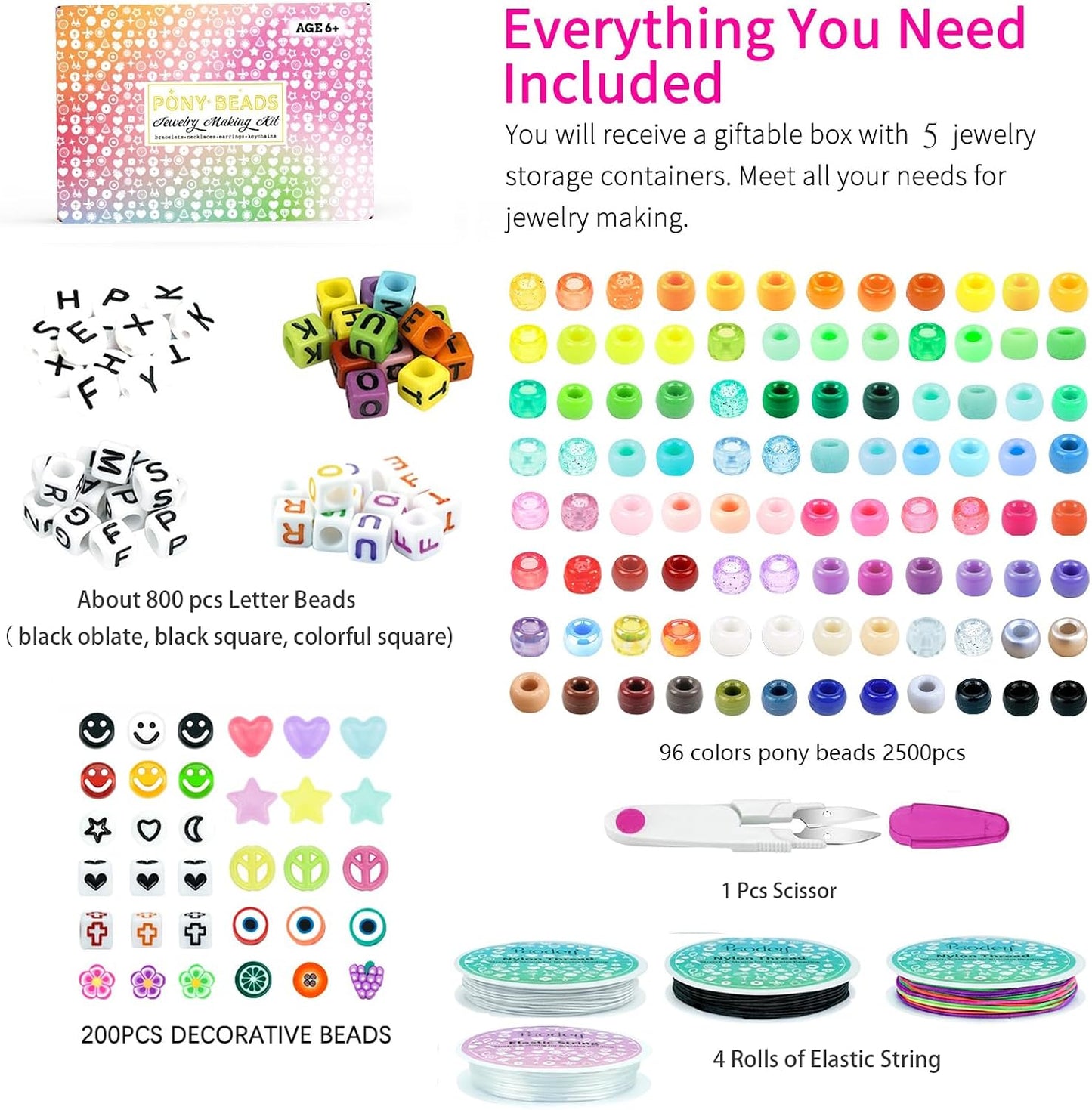 5 Boxes Bracelet Making Kit Pony Beads, 96 Colors 3500Pcs Kandi Beads for Bracelets with 800Pcs Letter Bead Friendship Bracelet Rave Accessories Craft Kits for Kids Adults Keychain Jewelry Making