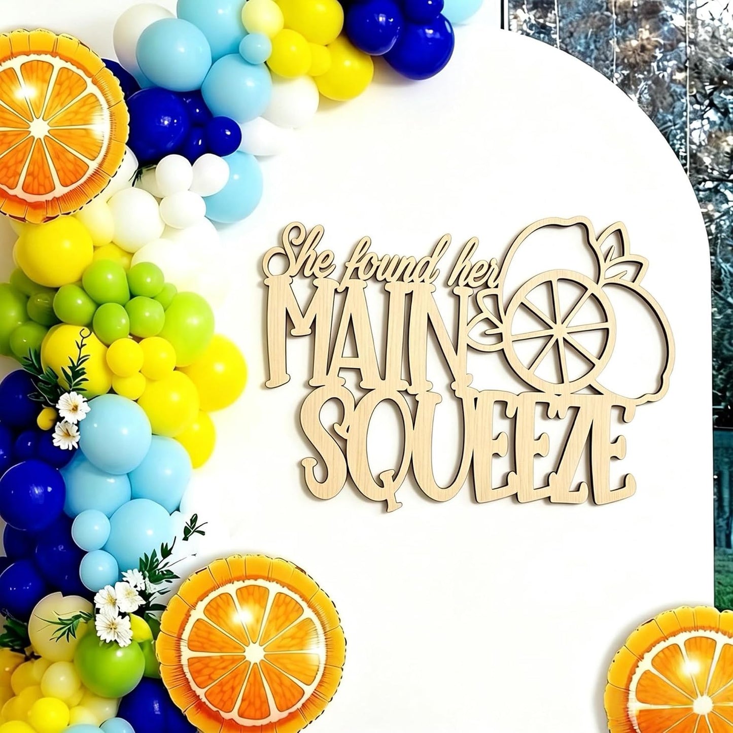 Laser Cut Wood Sign She Found Her Main Squeeze Lemon Cutout | lemon bridal shower decorations, citrus bachelorette party, engagement party, photo prop, bride farmhouse wall decor