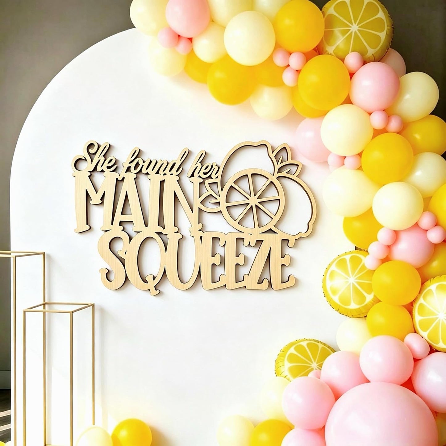 Laser Cut Wood Sign She Found Her Main Squeeze Lemon Cutout | lemon bridal shower decorations, citrus bachelorette party, engagement party, photo prop, bride farmhouse wall decor