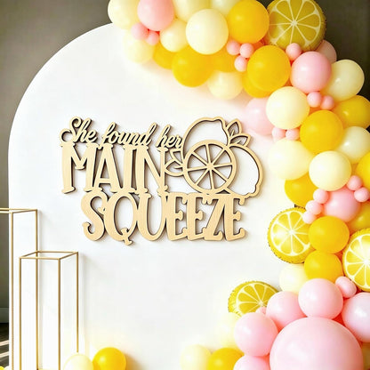 Laser Cut Wood Sign She Found Her Main Squeeze Lemon Cutout | lemon bridal shower decorations, citrus bachelorette party, engagement party, photo prop, bride farmhouse wall decor