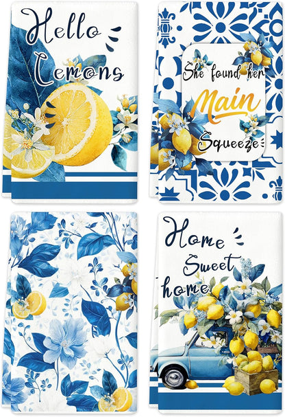 Lemon Kitchen Towels Set of 4, 16×24 Inch Absorbent Microfiber Dish Towels, Citrus Hand Towels Tea Towels, Decorative Kitchen Towels for Summer Home Decor Housewarming Gifts for Women