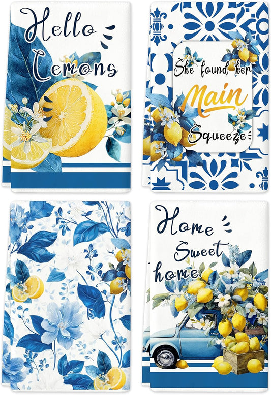 Lemon Kitchen Towels Set of 4, 16×24 Inch Absorbent Microfiber Dish Towels, Citrus Hand Towels Tea Towels, Decorative Kitchen Towels for Summer Home Decor Housewarming Gifts for Women
