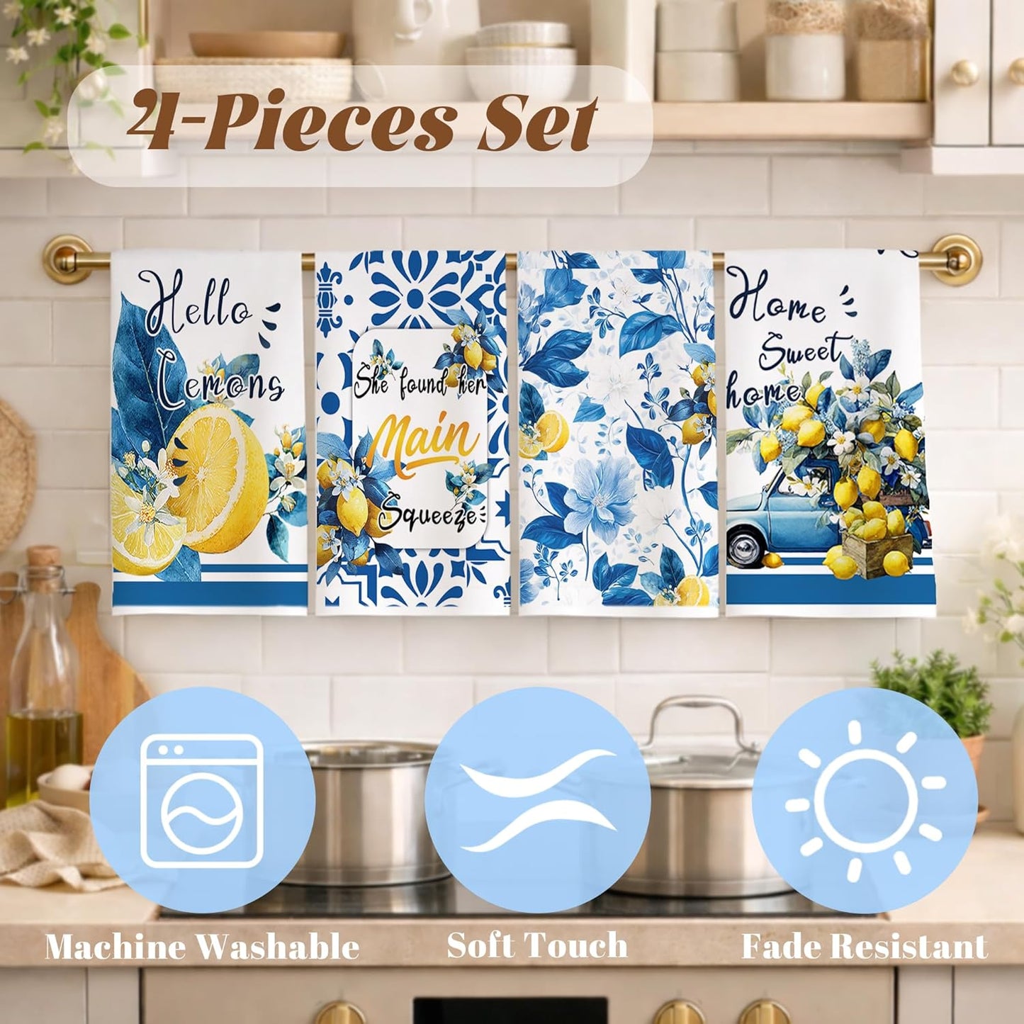 Lemon Kitchen Towels Set of 4, 16×24 Inch Absorbent Microfiber Dish Towels, Citrus Hand Towels Tea Towels, Decorative Kitchen Towels for Summer Home Decor Housewarming Gifts for Women