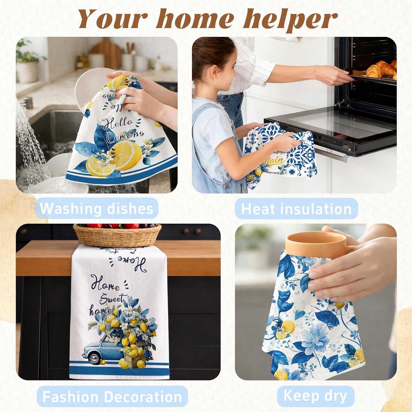 Lemon Kitchen Towels Set of 4, 16×24 Inch Absorbent Microfiber Dish Towels, Citrus Hand Towels Tea Towels, Decorative Kitchen Towels for Summer Home Decor Housewarming Gifts for Women