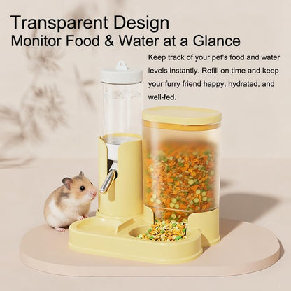 No Drip Hamster Water Bottle, 2 in 1 Hamster Water Dispenser & Food Bowl | Sealed Freestanding Small Animal Gravity Feeder, Hamster Cage Accessories for Dwarf Hamster, Gerbil, Rat, Mice (Yellow)