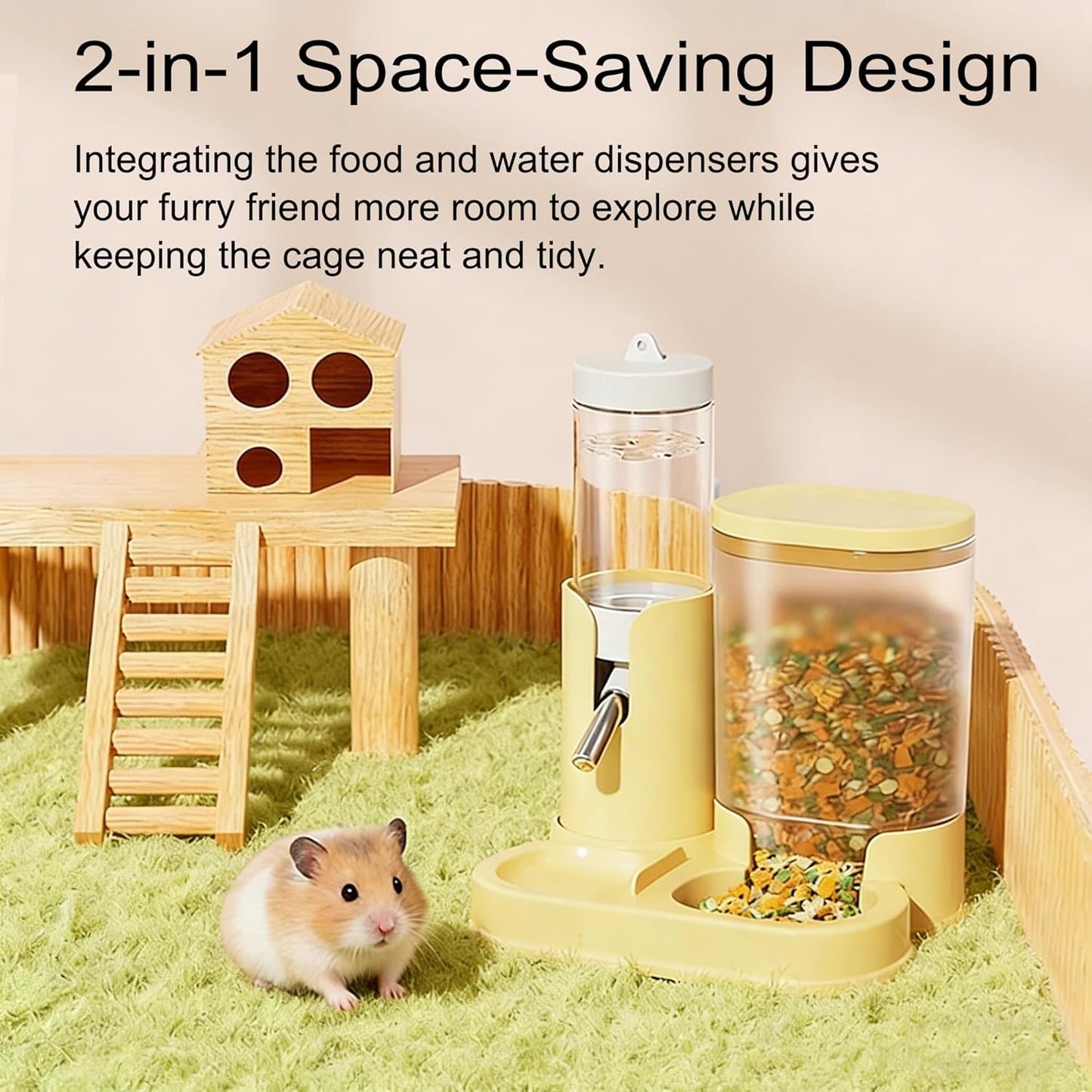 No Drip Hamster Water Bottle, 2 in 1 Hamster Water Dispenser & Food Bowl | Sealed Freestanding Small Animal Gravity Feeder, Hamster Cage Accessories for Dwarf Hamster, Gerbil, Rat, Mice (Yellow)