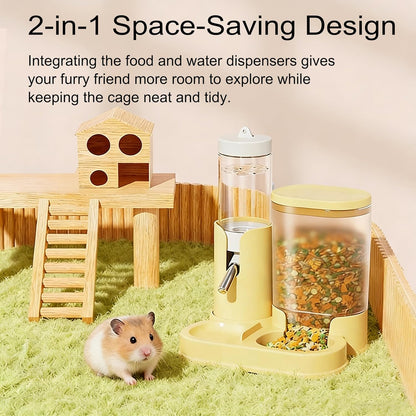 No Drip Hamster Water Bottle, 2 in 1 Hamster Water Dispenser & Food Bowl | Sealed Freestanding Small Animal Gravity Feeder, Hamster Cage Accessories for Dwarf Hamster, Gerbil, Rat, Mice (Yellow)