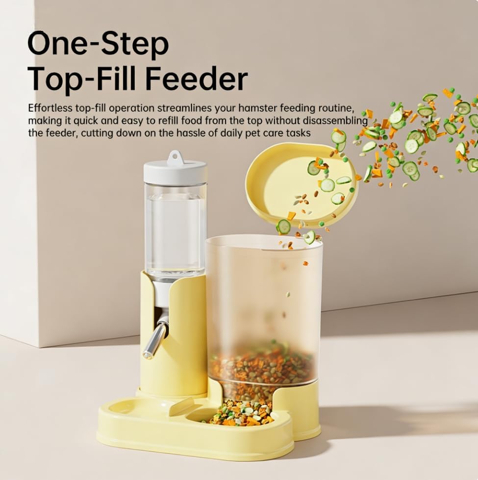 No Drip Hamster Water Bottle, 2 in 1 Hamster Water Dispenser & Food Bowl | Sealed Freestanding Small Animal Gravity Feeder, Hamster Cage Accessories for Dwarf Hamster, Gerbil, Rat, Mice (Yellow)