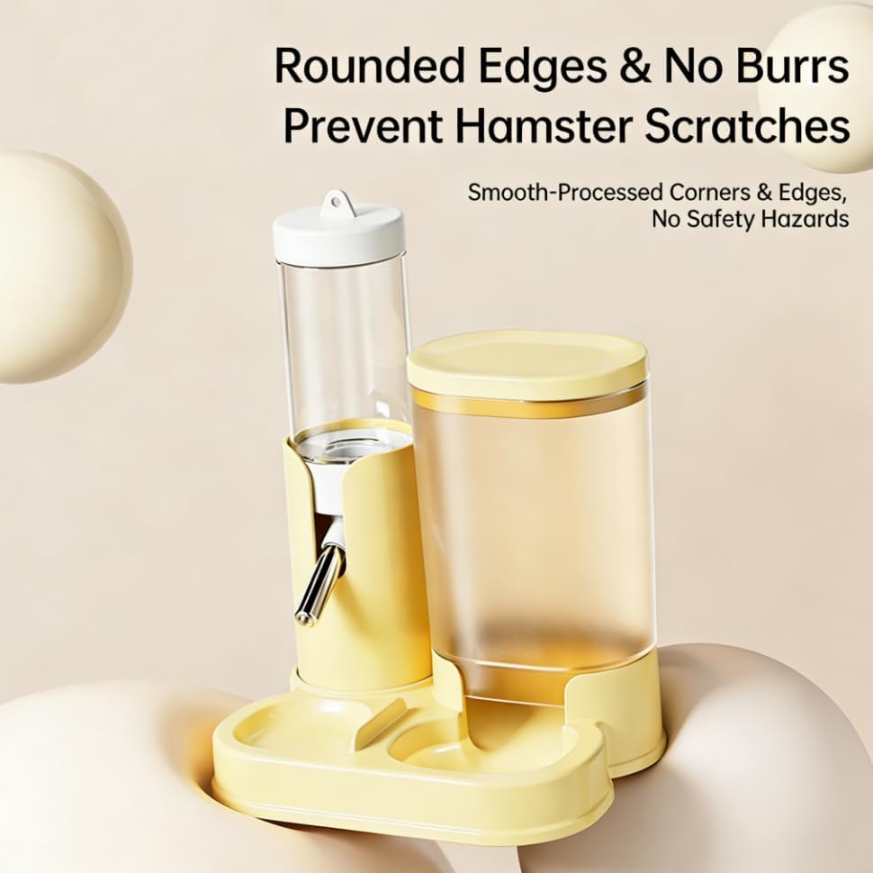 No Drip Hamster Water Bottle, 2 in 1 Hamster Water Dispenser & Food Bowl | Sealed Freestanding Small Animal Gravity Feeder, Hamster Cage Accessories for Dwarf Hamster, Gerbil, Rat, Mice (Yellow)