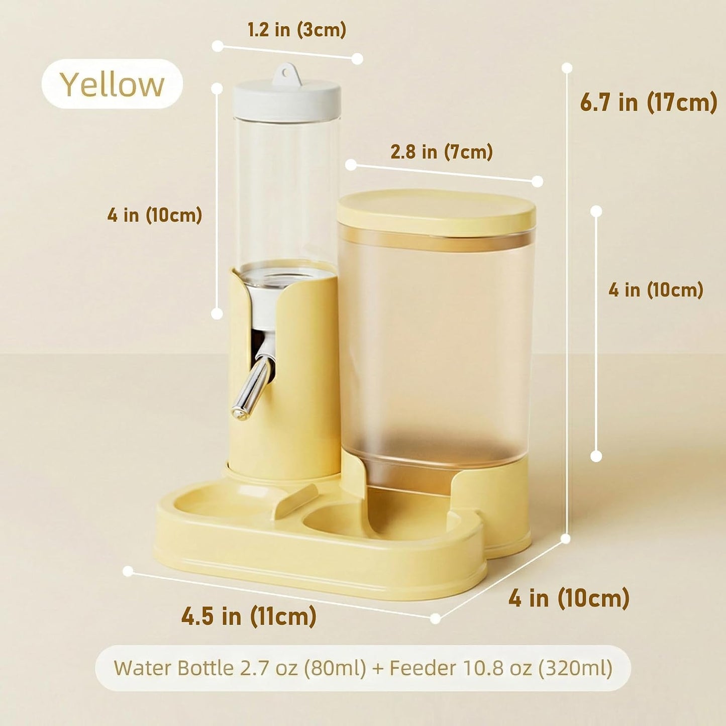 No Drip Hamster Water Bottle, 2 in 1 Hamster Water Dispenser & Food Bowl | Sealed Freestanding Small Animal Gravity Feeder, Hamster Cage Accessories for Dwarf Hamster, Gerbil, Rat, Mice (Yellow)