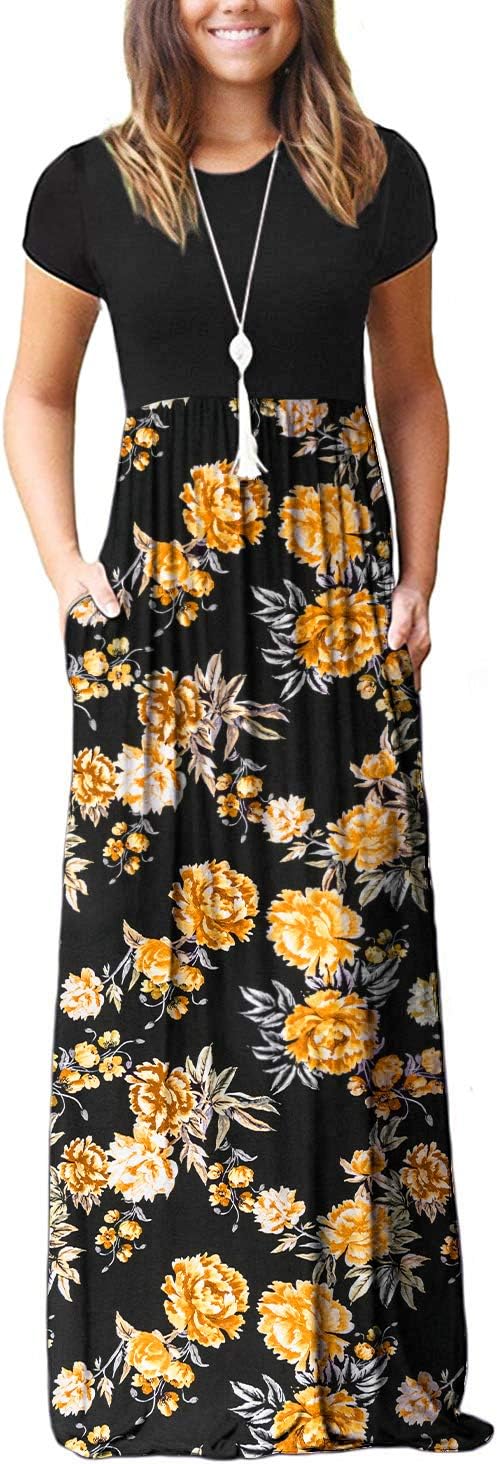 Maxi Dress for Women Short Sleeve Casual Summer Loose Plain Comfy Long Dresses with Pockets