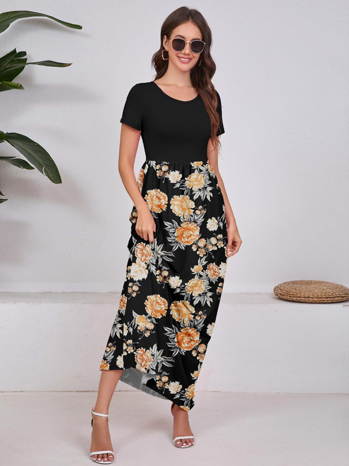 Maxi Dress for Women Short Sleeve Casual Summer Loose Plain Comfy Long Dresses with Pockets