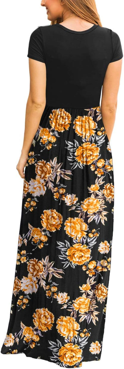 Maxi Dress for Women Short Sleeve Casual Summer Loose Plain Comfy Long Dresses with Pockets