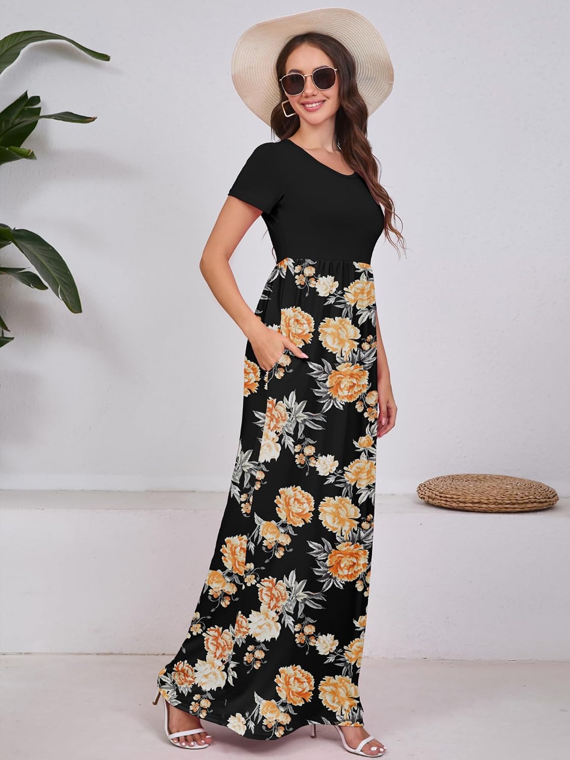 Maxi Dress for Women Short Sleeve Casual Summer Loose Plain Comfy Long Dresses with Pockets